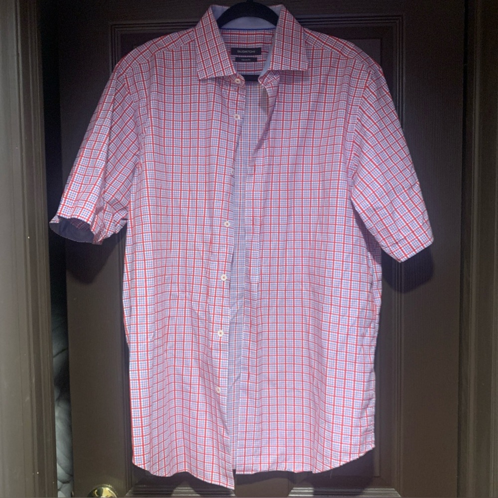 Bugatchi Red blue and White Plaid Button Down Shirt